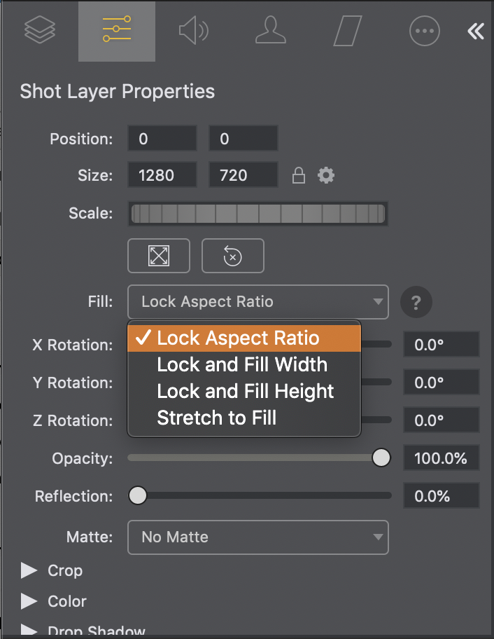 Wirecast Shot Properties Panel